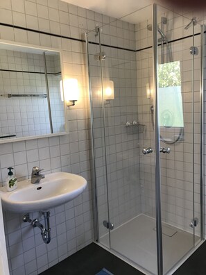 Dusche, Haartrockner, Handtücher, Seife
