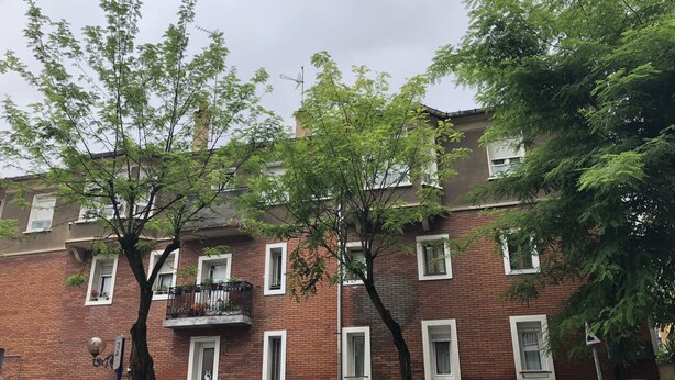 Un immeuble en briques de plusieurs étages, doté de fenêtres à encadrement blanc et de balcons.