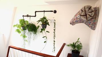 A staircase with a wooden handrail, a white railing, and hanging plants in black pots.