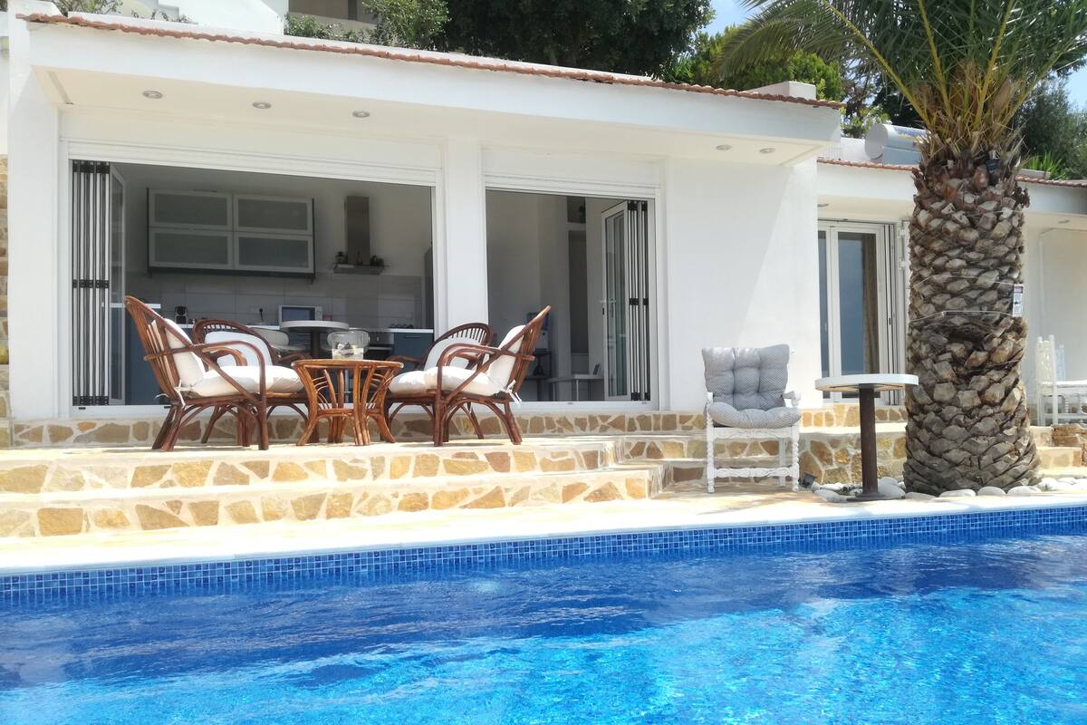 Un espace aménagé au bord de la piscine, avec un ensemble de mobilier de jardin et un palmier.