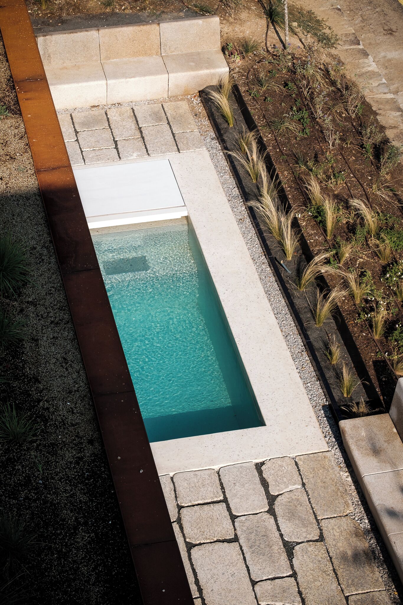 A rectangular pool with a clear blue water surface, surrounded by a stone border and a garden with plants.
