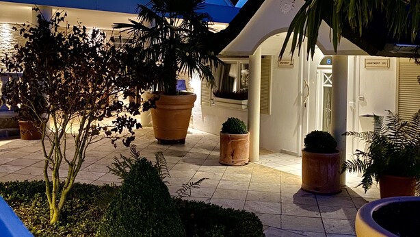 A courtyard with potted plants, a statue, and a building entrance.