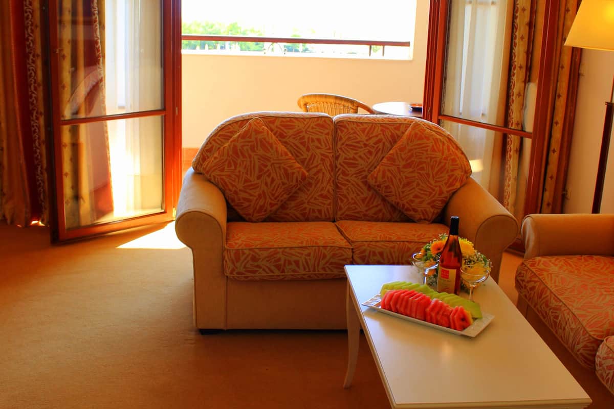 A hotel room with a sofa, a small table with a fruit bowl, and a view through a large window.