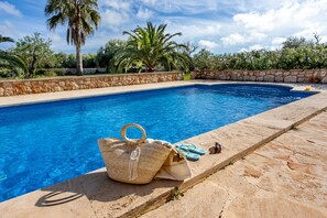 Une piscine avec un mur en pierre et des palmiers en arrière-plan.