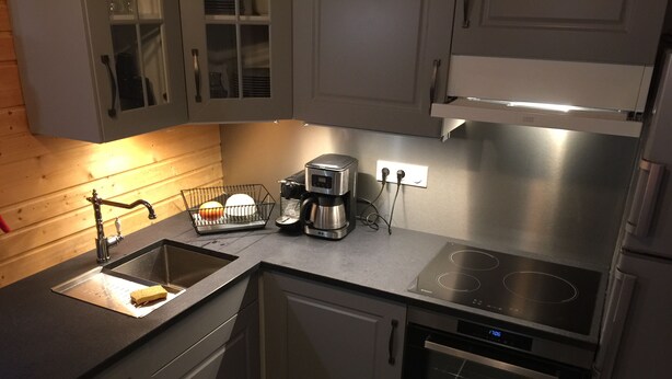 Una cocina moderna con un lavamanos de acero inoxidable, una cafetera y un horno.