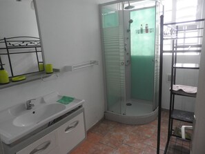 Shower, towels, toilet paper