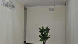 Un pasillo con suelo de baldosas, una planta en maceta y un cartel en la pared.
