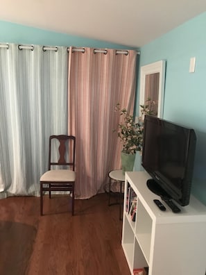 Älytelevisio, takka, DVD-soitin, musiikkikirjasto