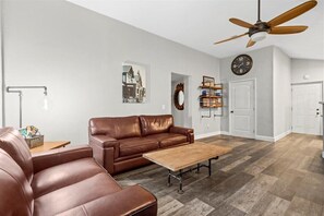 Smart TV, fireplace, DVD player, books