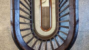 A spiral staircase with a central handrail and metal balusters.
