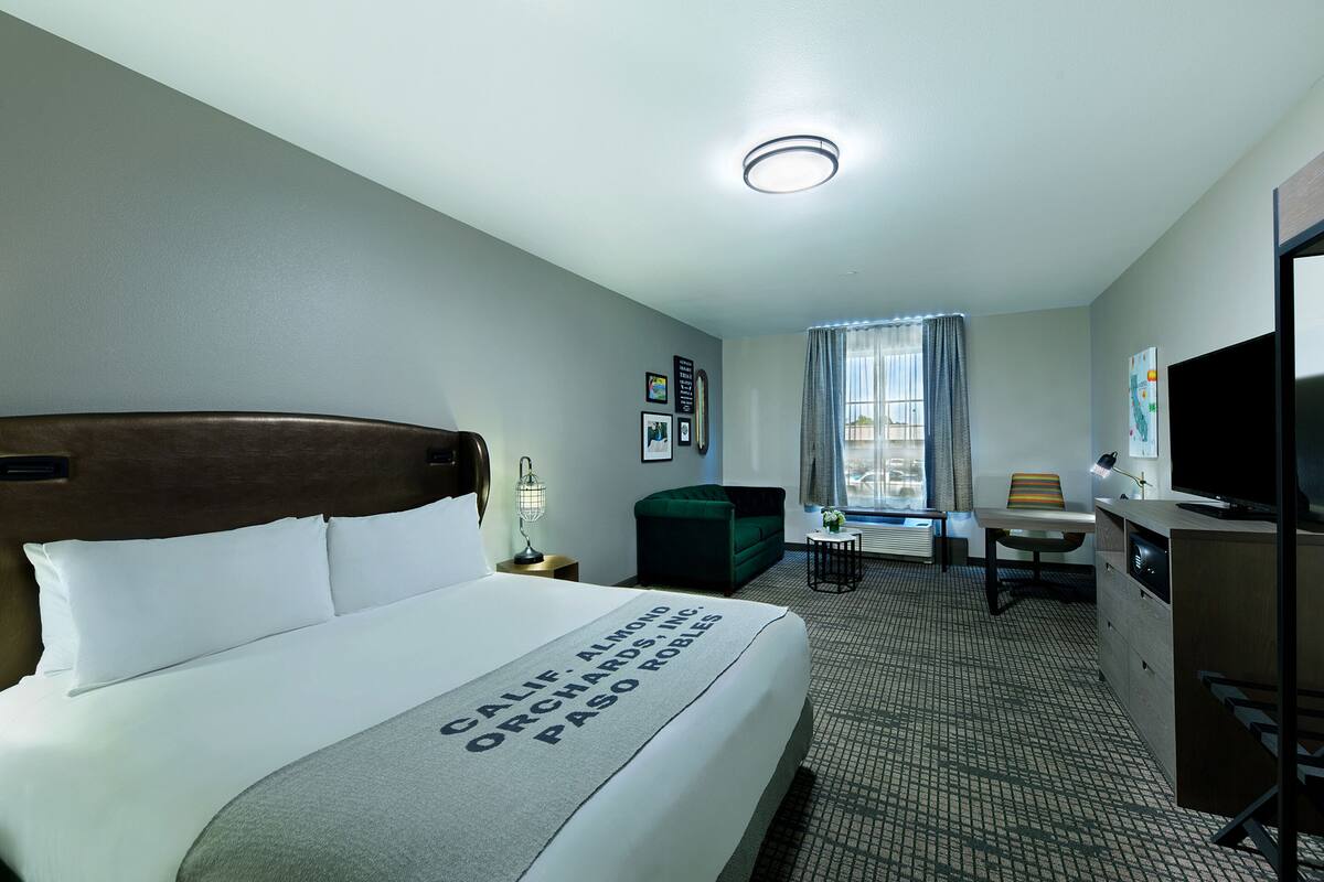 A hotel room with a bed, a desk, a chair, a television, and a window with curtains.