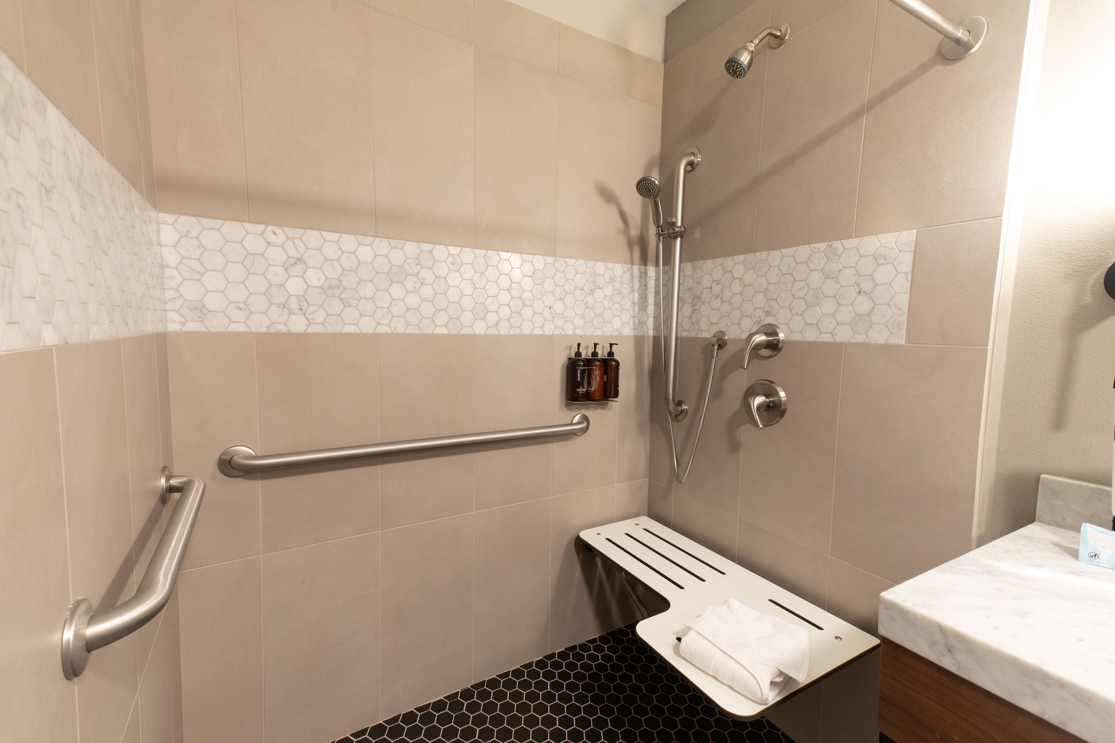 king suite roll-in shower | bathroom | free toiletries, hair dryer, towels, soap