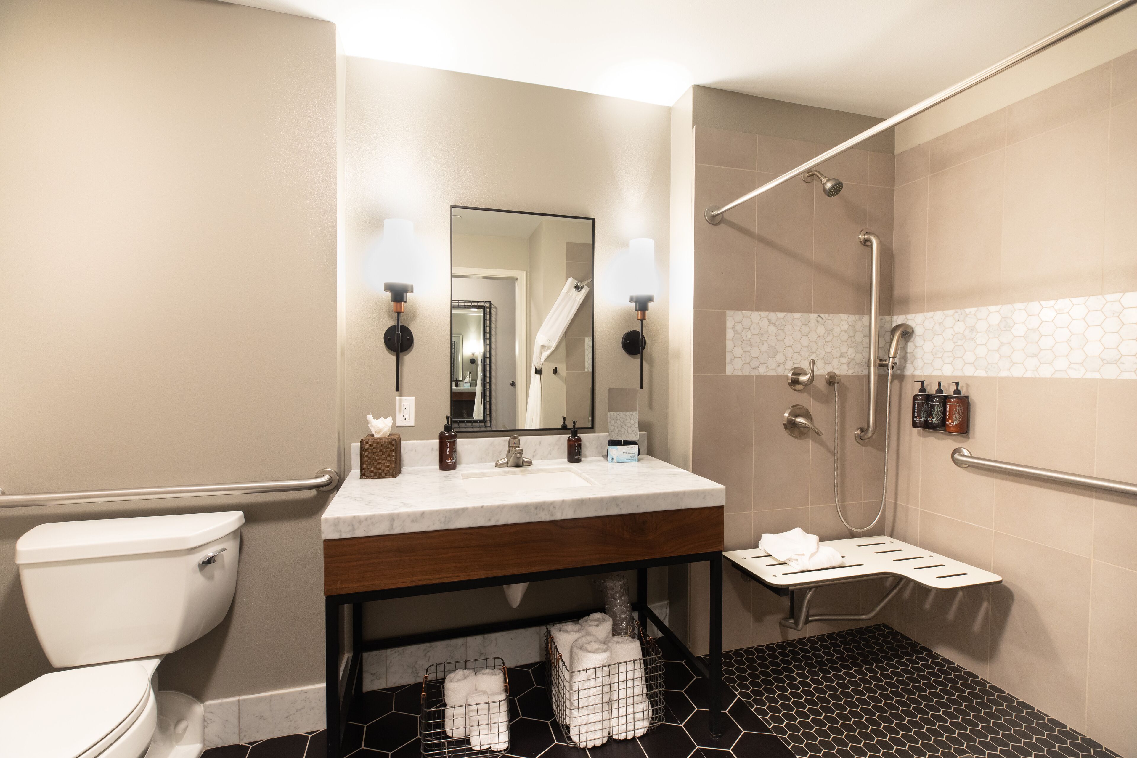 2 queen suite roll-in shower | bathroom | free toiletries, hair dryer, towels, soap