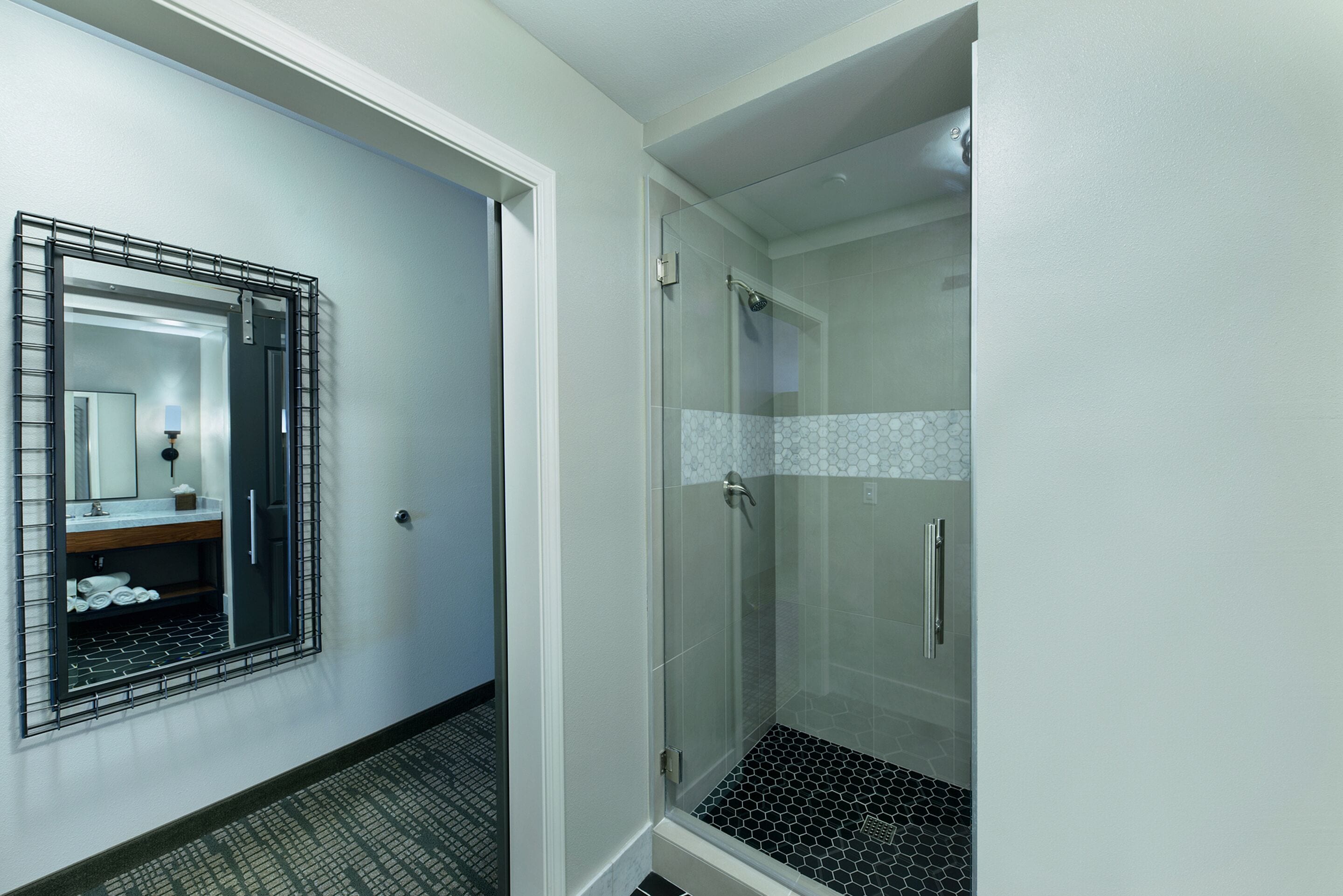 king suite walk-in shower | bathroom | free toiletries, hair dryer, towels, soap