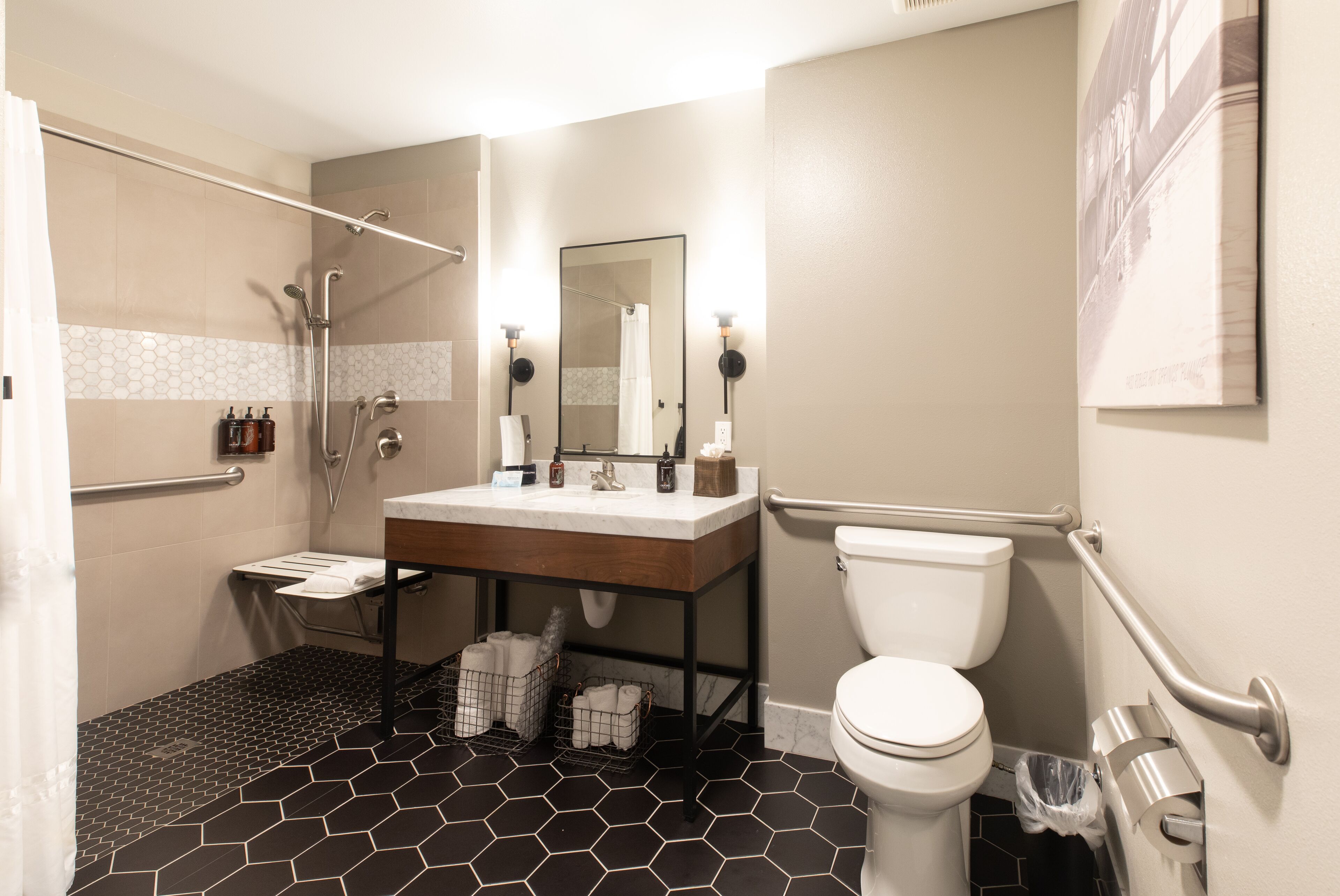 king suite roll-in shower | bathroom | free toiletries, hair dryer, towels, soap