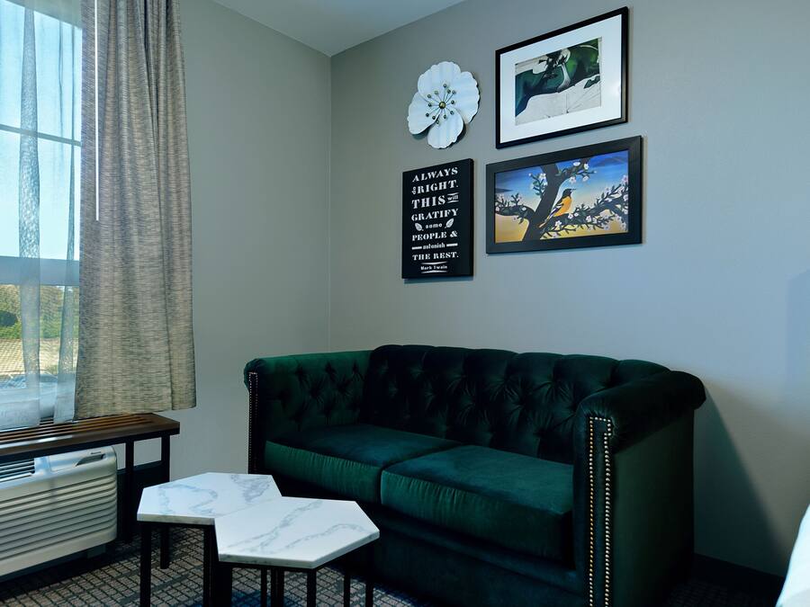 Une pièce avec un canapé vert, une petite table, un radiateur et une fenêtre avec des rideaux. Trois tableaux encadrés sont accrochés au mur.