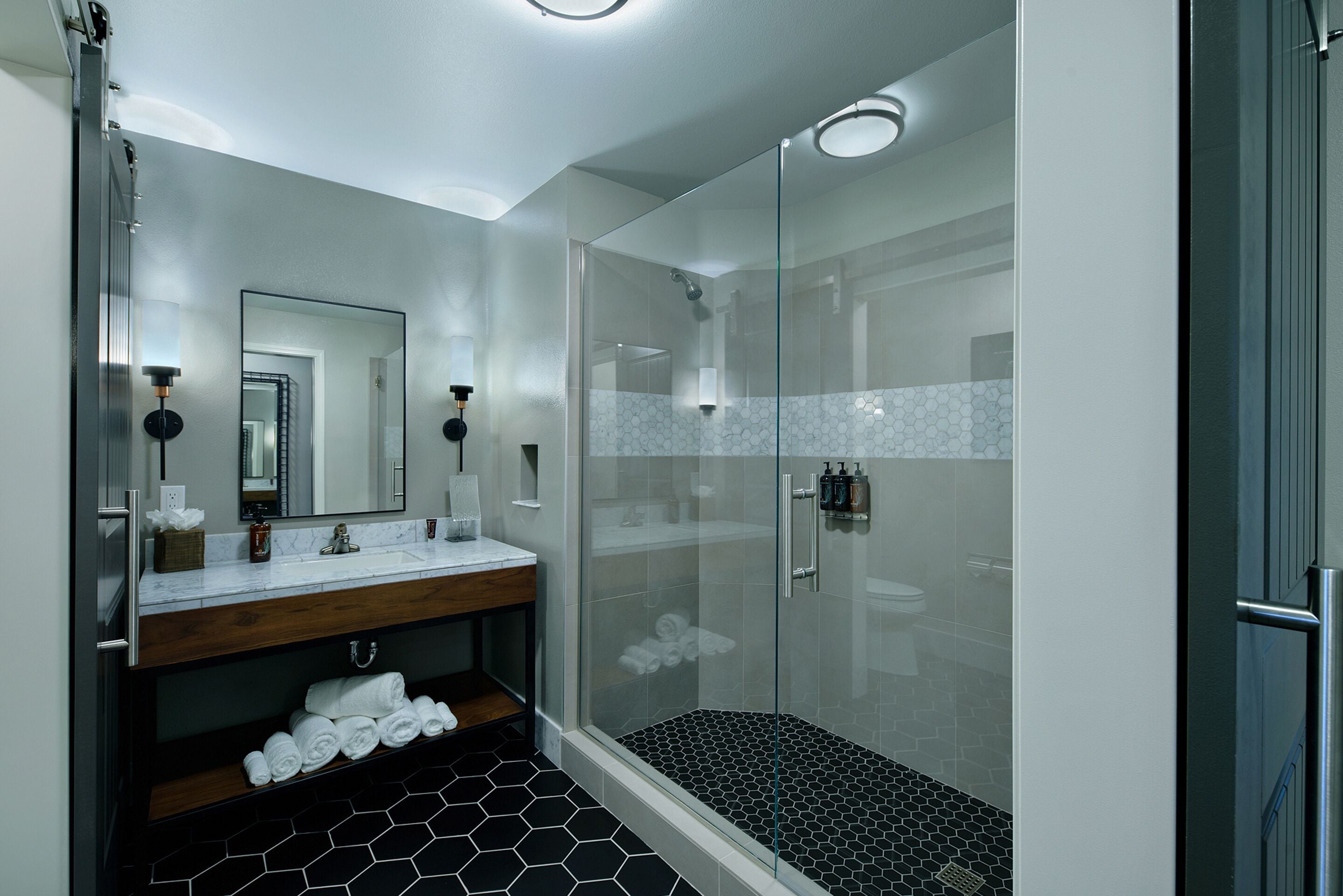 2 queen suite walk-in shower | bathroom | free toiletries, hair dryer, towels, soap
