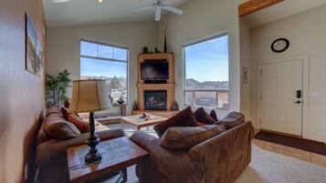 Televisión, chimenea, reproductor de DVD, videoteca