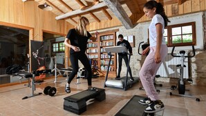 A gym with treadmills, weights, and a library. - Domaine Les Granges (Ternant)