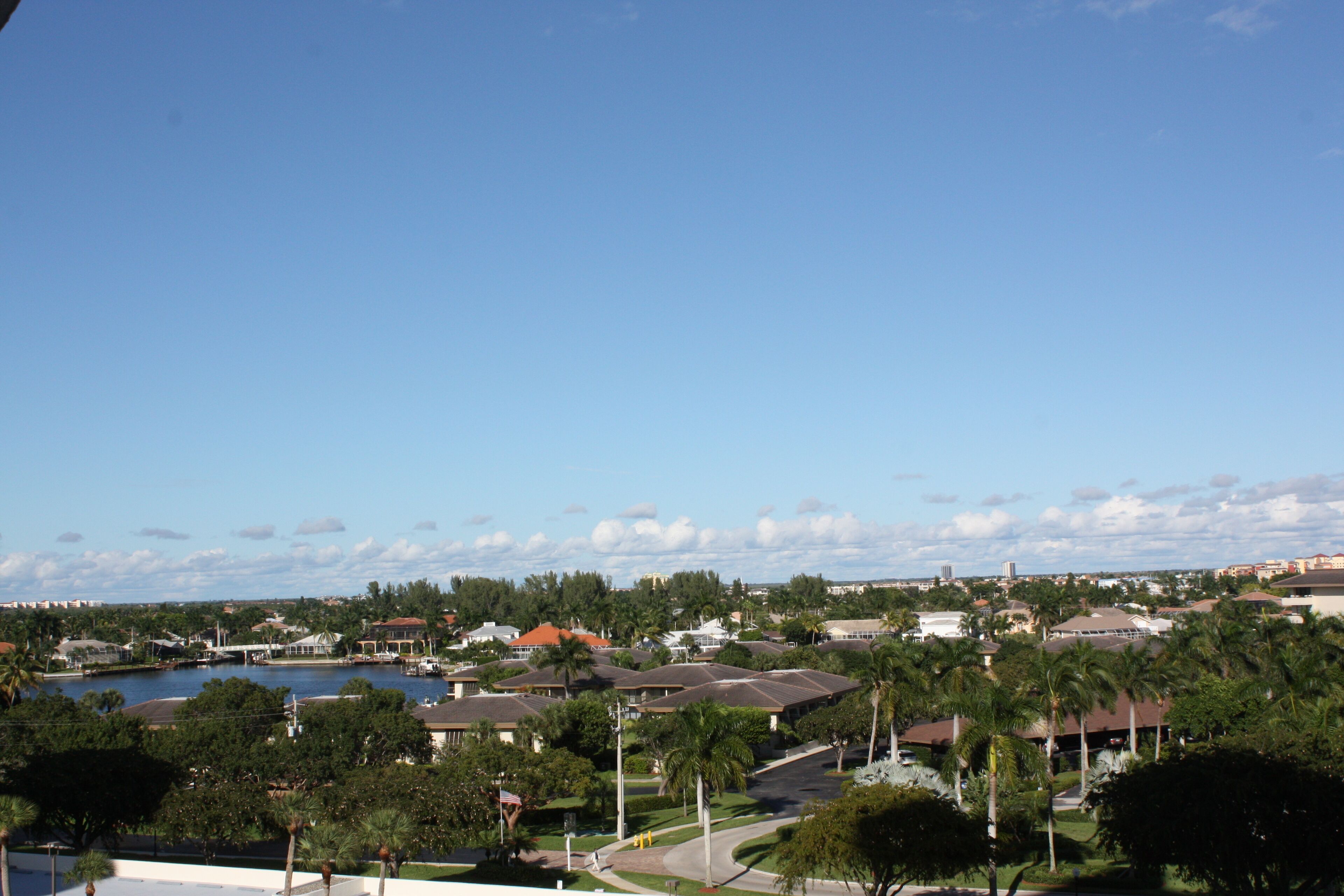 Een woonwijk met huizen, palmbomen en een waterpartij.