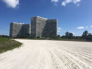 Un hôtel situé en bord de mer, composé de plusieurs immeubles de grande hauteur, avec une plage de sable et des palmiers.