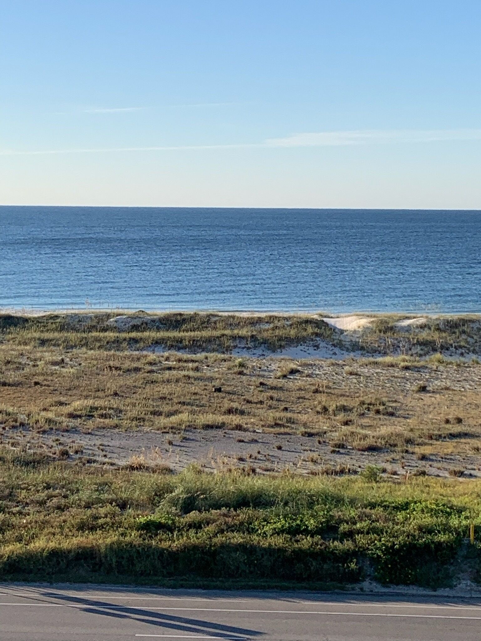 A coastal road with a view of the ocean and a grassy area with a road in the foreground.