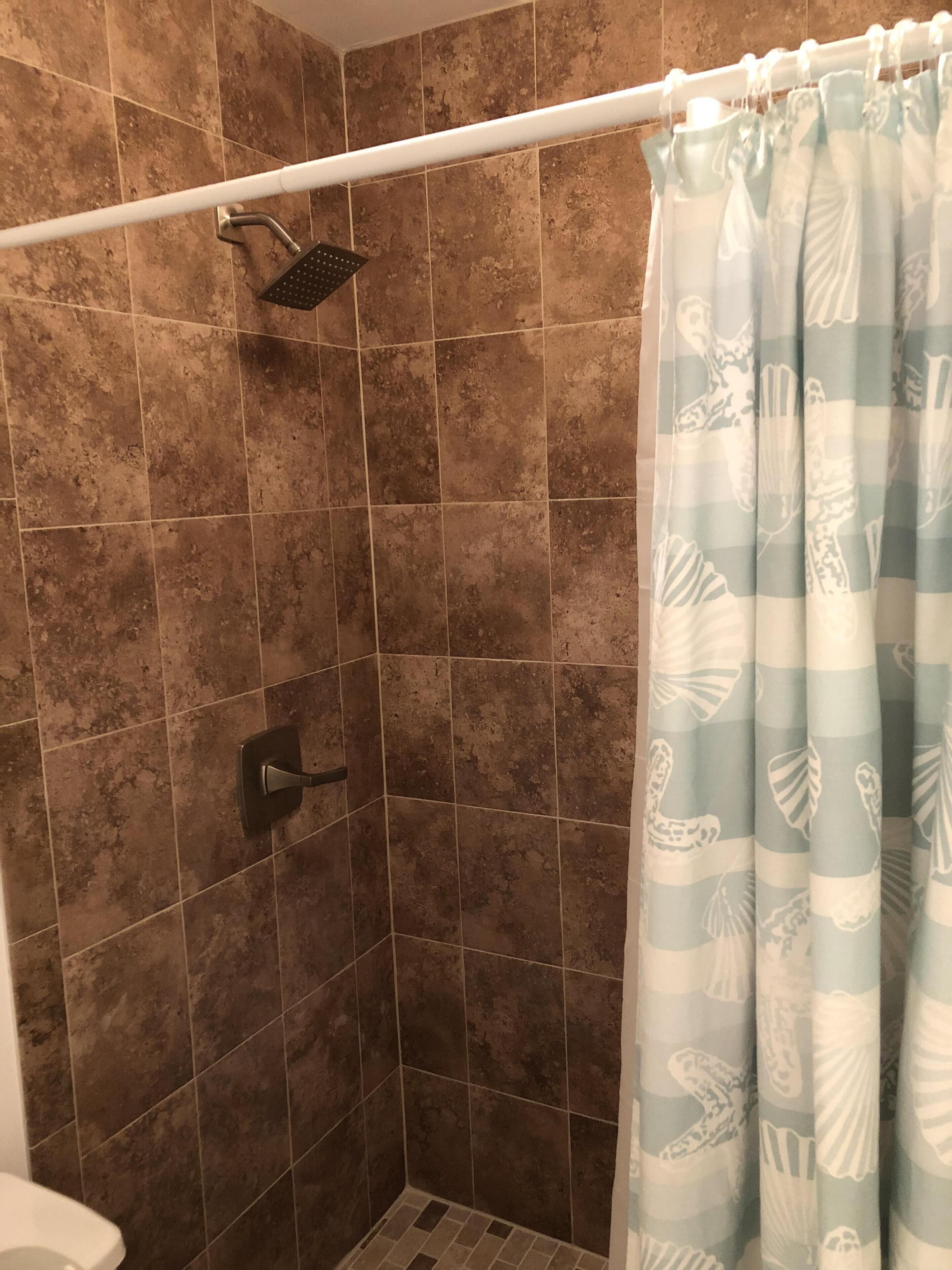 Shower, hair dryer, towels, toilet paper