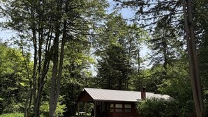 A cabin with a metal roof, surrounded by tall trees and a well-maintained lawn.
