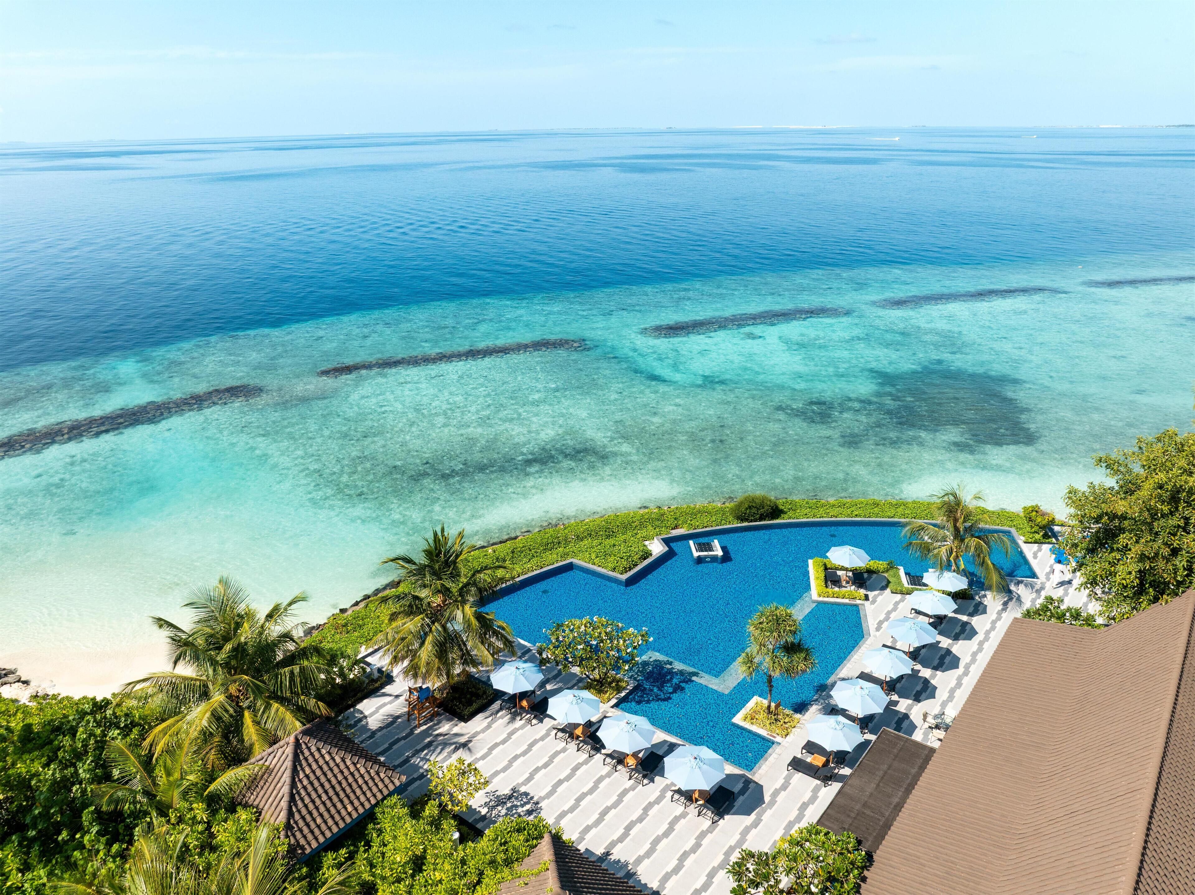A resort with a pool surrounded by palm trees and a view of the ocean.