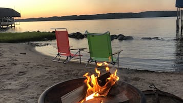 On the beach, sun loungers, beach towels