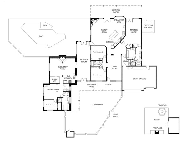 A floor plan with a covered patio, pool, spa, family rooms, kitchen, living room, bathrooms, a 3-car garage, and a courtyard.
