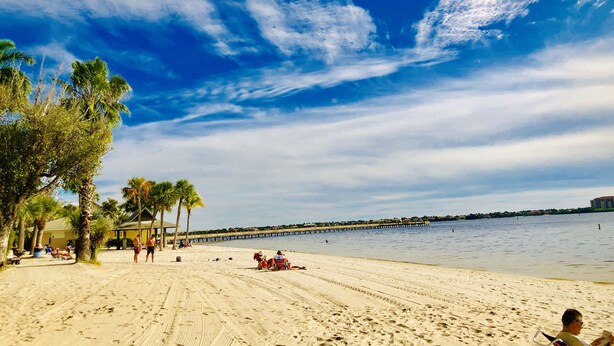 Una playa con palmeras, un muelle y un mar tranquilo bajo un cielo parcialmente nublado.