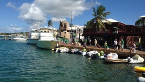 A marina with boats docked, a stone tower, and a wooden building with a red roof. - Ocean View And Breezes, Quiet 1 Bedroom, 1 Bath Private Guest Cottage On 1 Acre (Christiansted)