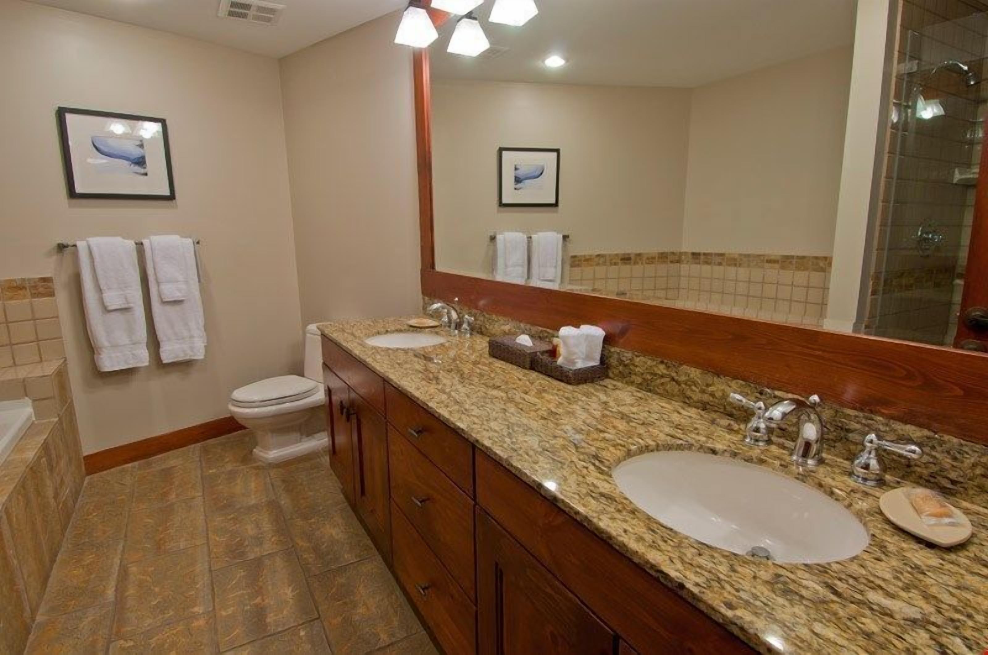 A bathroom with a granite countertop, two sinks, a mirror, and a toilet.