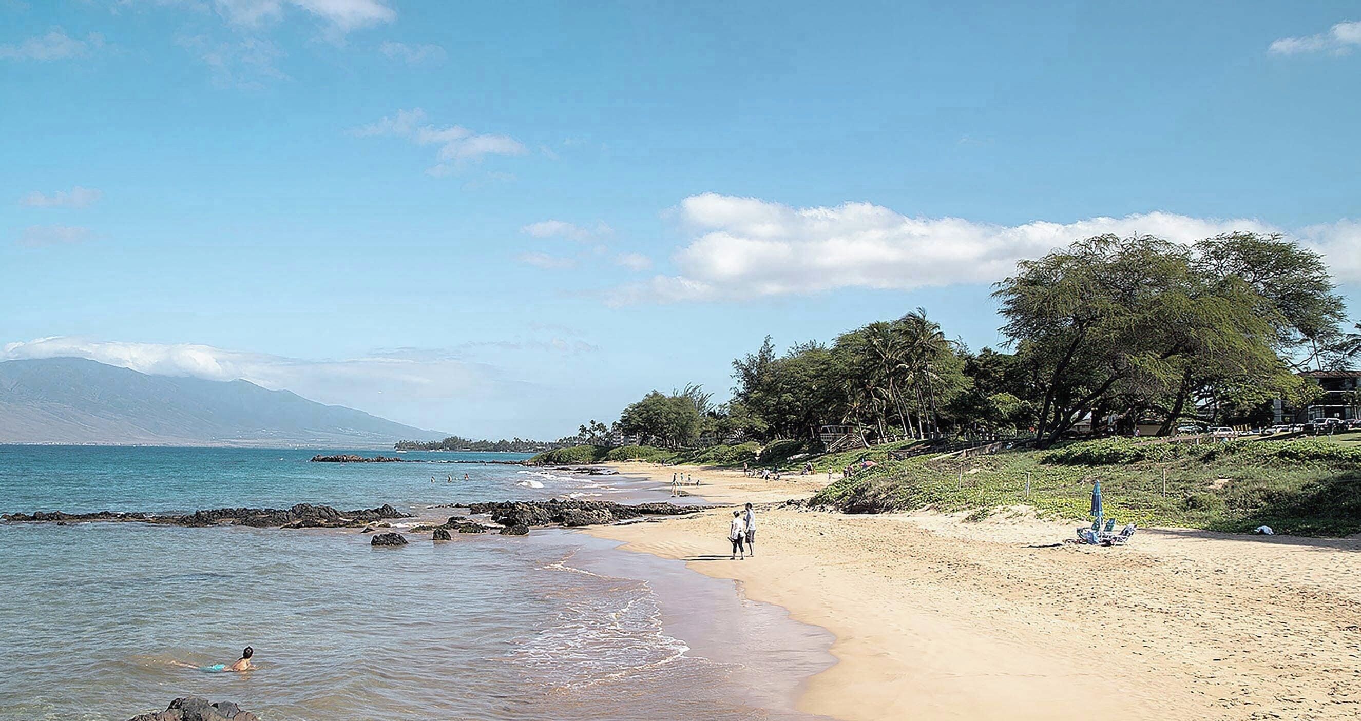 A beach with clear skies, calm waters, and a distant mountain.