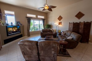 Smart TV, fireplace, DVD player, foosball