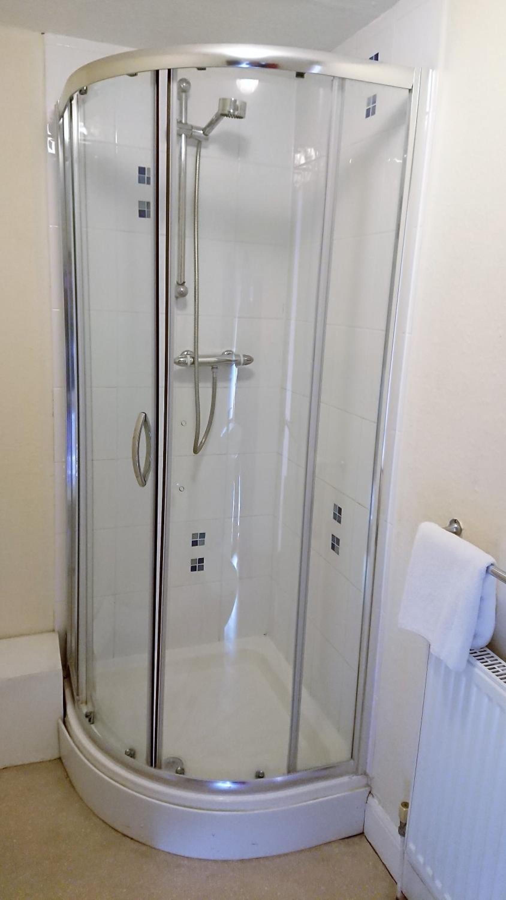 A glass-enclosed shower stall with a curved design, a handheld showerhead, and a towel rack.