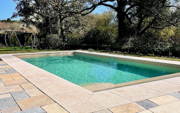 Una piscina rectangular con agua cristalina, rodeada por una terraza de piedra y árboles.