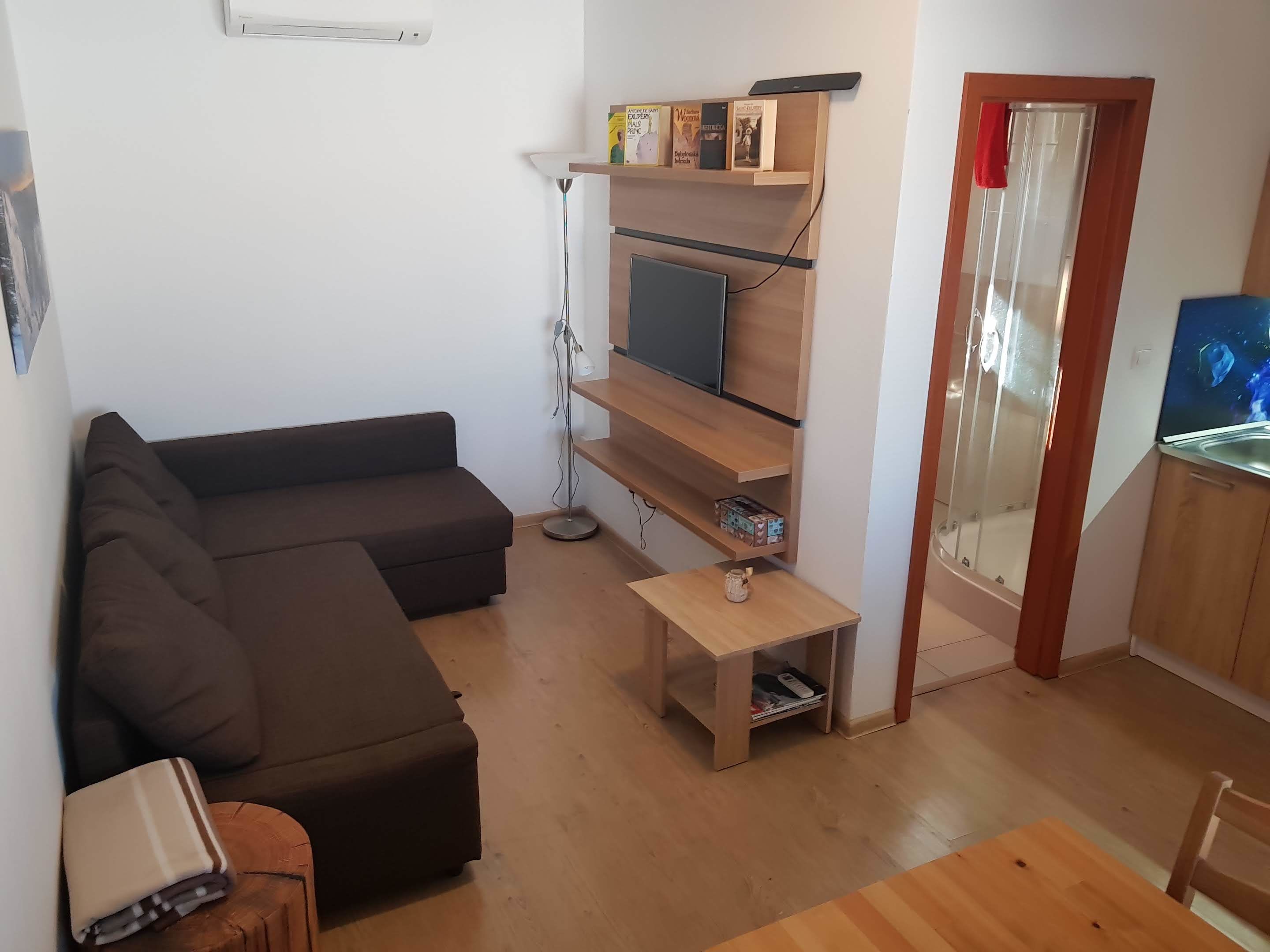 A living room with a brown sofa, a small wooden table, and a TV on a wooden shelf.