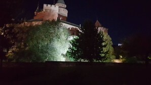 Un edificio parecido a un castillo con una torre destacada y una cúpula, rodeado de árboles.