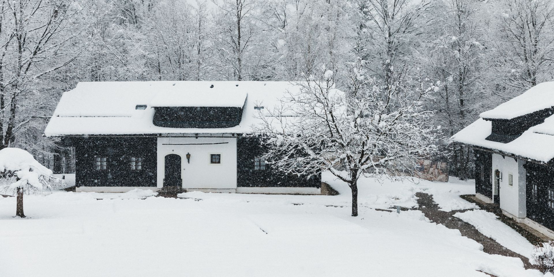 Une maison recouverte de neige, avec une porte d’entrée, un petit porche et un arbre devant.