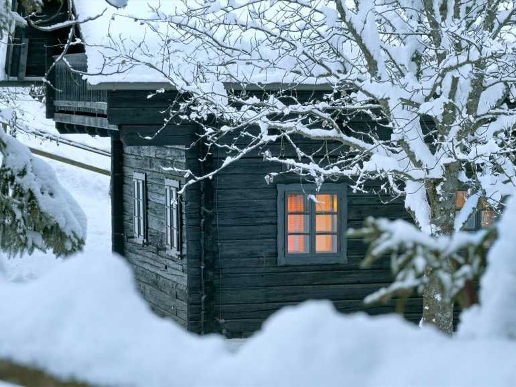 Une cabane en bois rustique, dotée d’une fenêtre, entourée d’arbres couverts de neige.