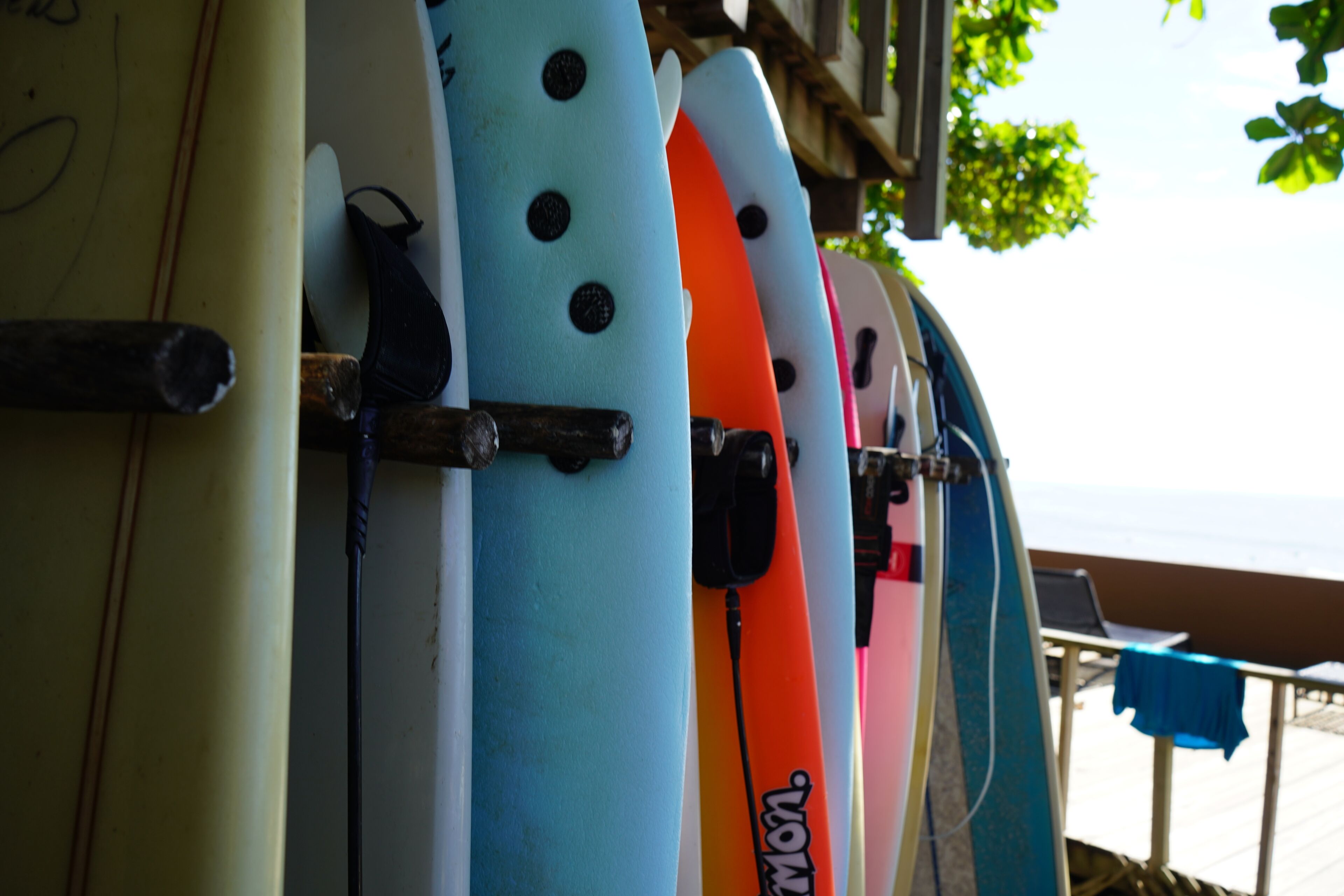 Diverse tavole da surf appoggiate a un muro, con vista sull'oceano.