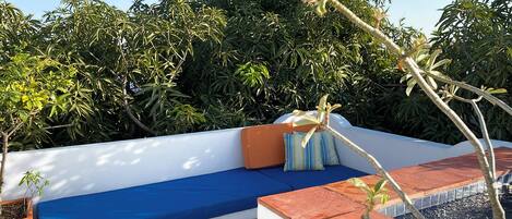 A rooftop terrace with a blue cushioned seating area, a small potted plant, and a water feature.