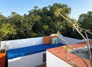 A rooftop terrace with a blue cushioned seating area, a small potted plant, and a water feature.