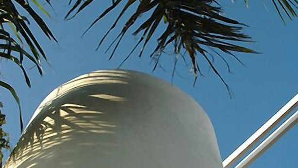 A white cylindrical structure with a circular opening, surrounded by palm leaves.