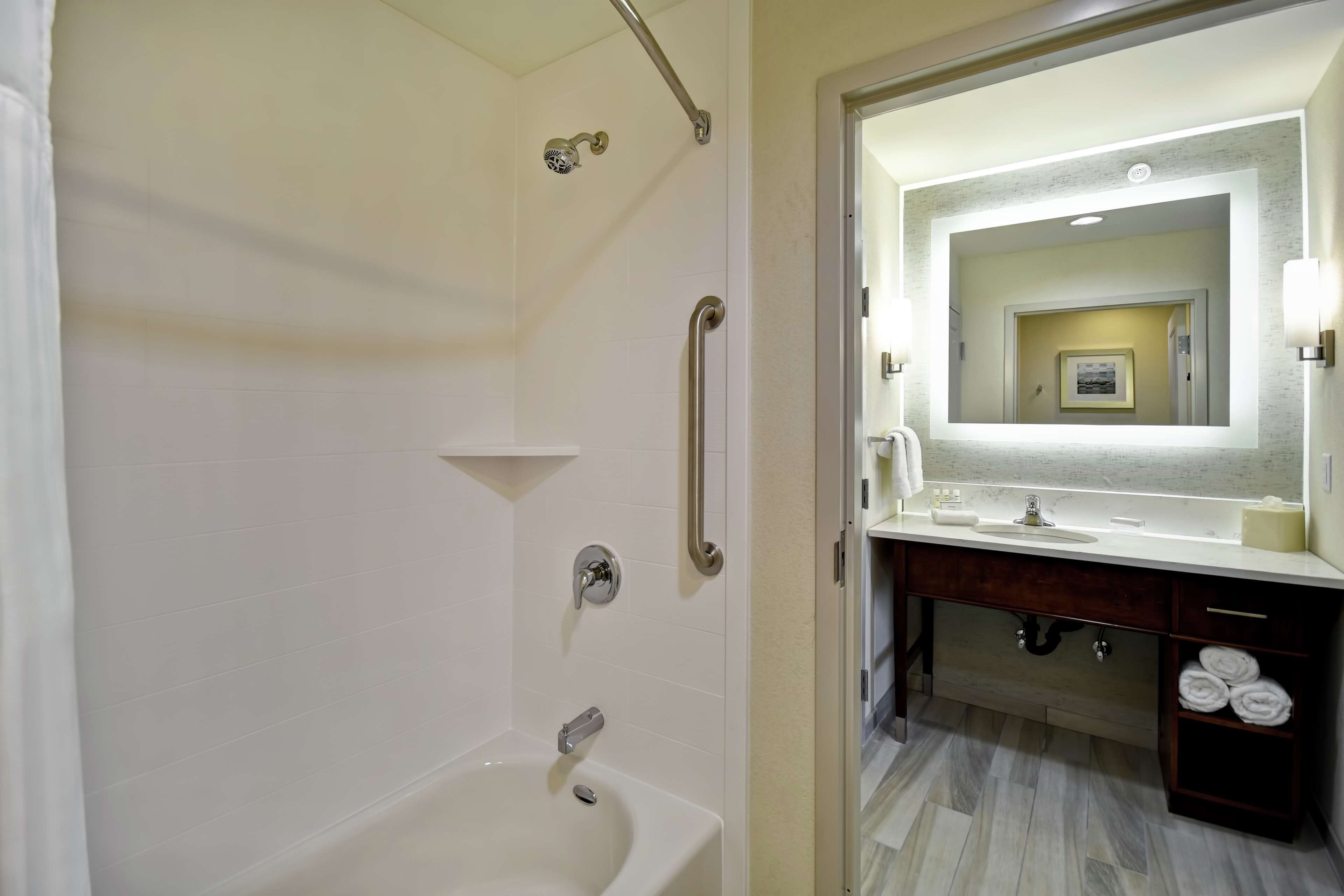 A bathroom with a bathtub, a shower with a handheld showerhead, a vanity with a mirror, and a towel rack.
