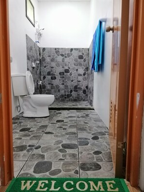 Shower, free toiletries, towels