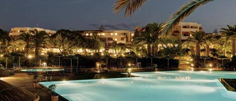 Outdoor pool, pool umbrellas, pool loungers