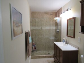 Dusche, Haartrockner, Handtücher, Shampoo